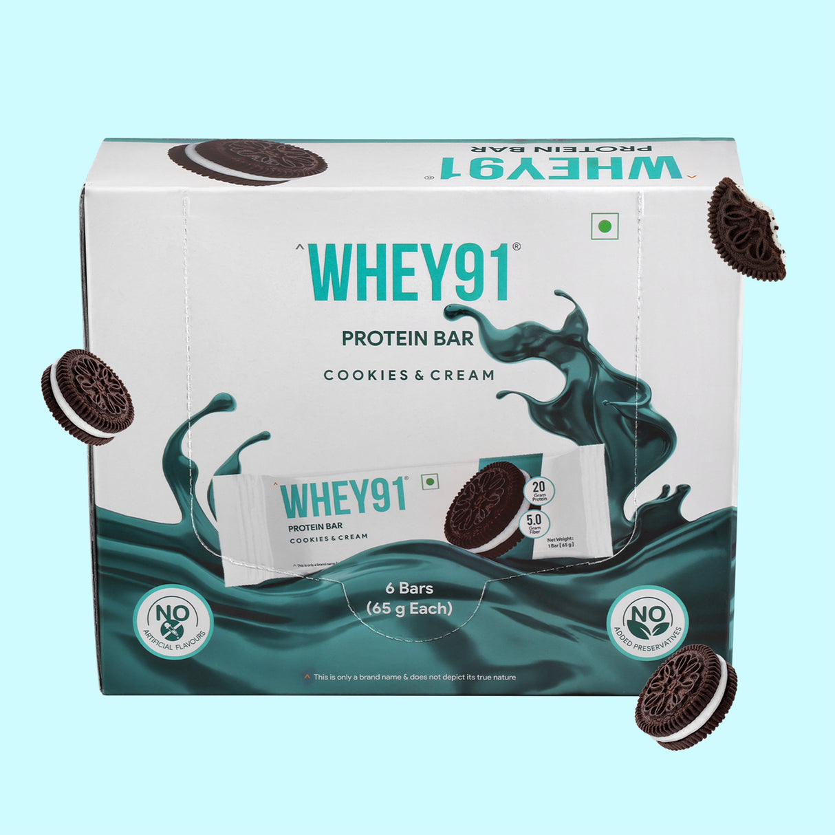 Whey91 Cookies & Cream Protein Bar, 20g Protein & 5g Fibre (Pack of 6 bars)