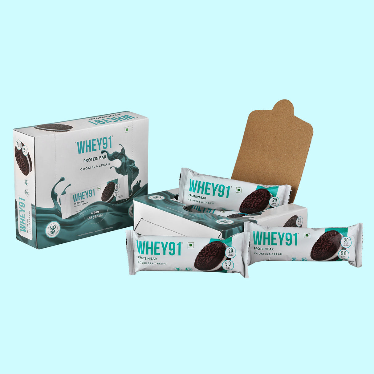 Whey91 Cookies & Cream Protein Bar, 20g Protein & 5g Fibre (Pack of 6 bars)