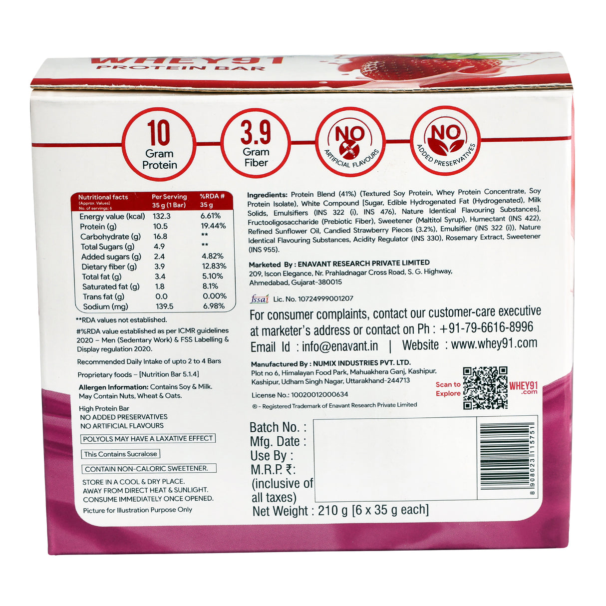 Whey91 Strawberry Splash Protein Bars - 10g Protein 3.9g Fiber (Pack of 6 bars)