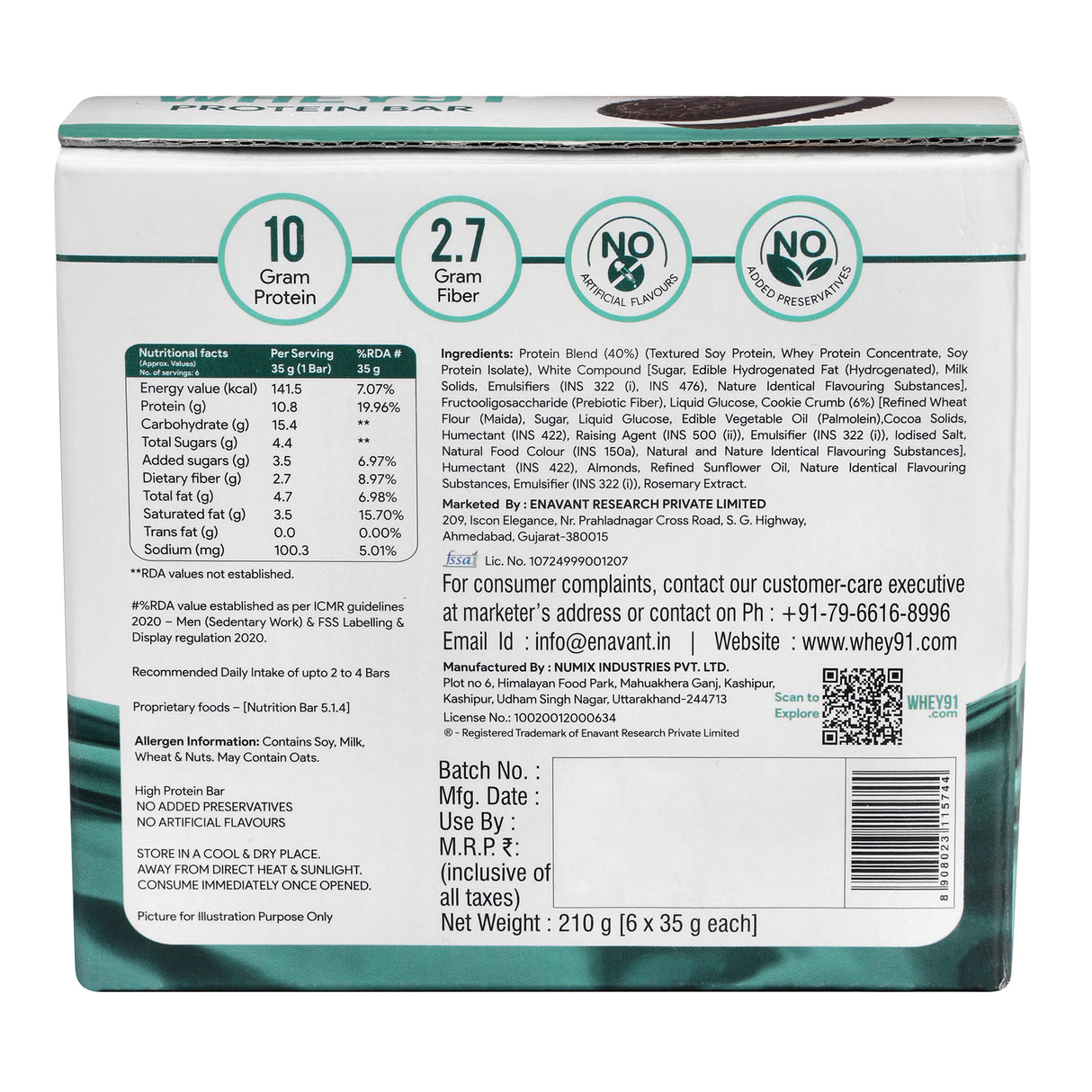 Whey91 Cookies & Cream Protein Bar, 10g Protein & 2.7g Fiber (Pack of 6 bars)