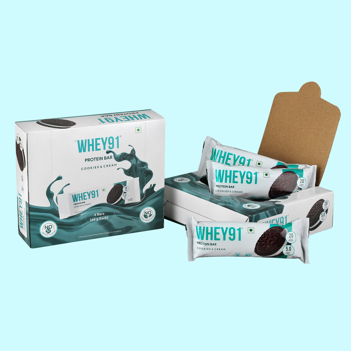 Whey91 Cookies & Cream Protein Bar, 20g Protein & 5g Fibre (Pack of 6 bars)