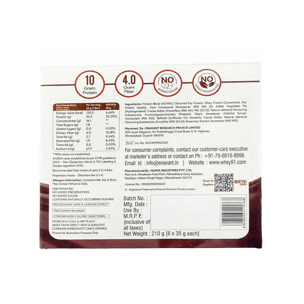 Whey91 Choco Fudge Protein Bars - 20g Protein 7.3 g Fibre (Pack of 6 bars)