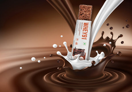 Whey91 chocolate fudge protein bar with milk and chocolate splash on brown background