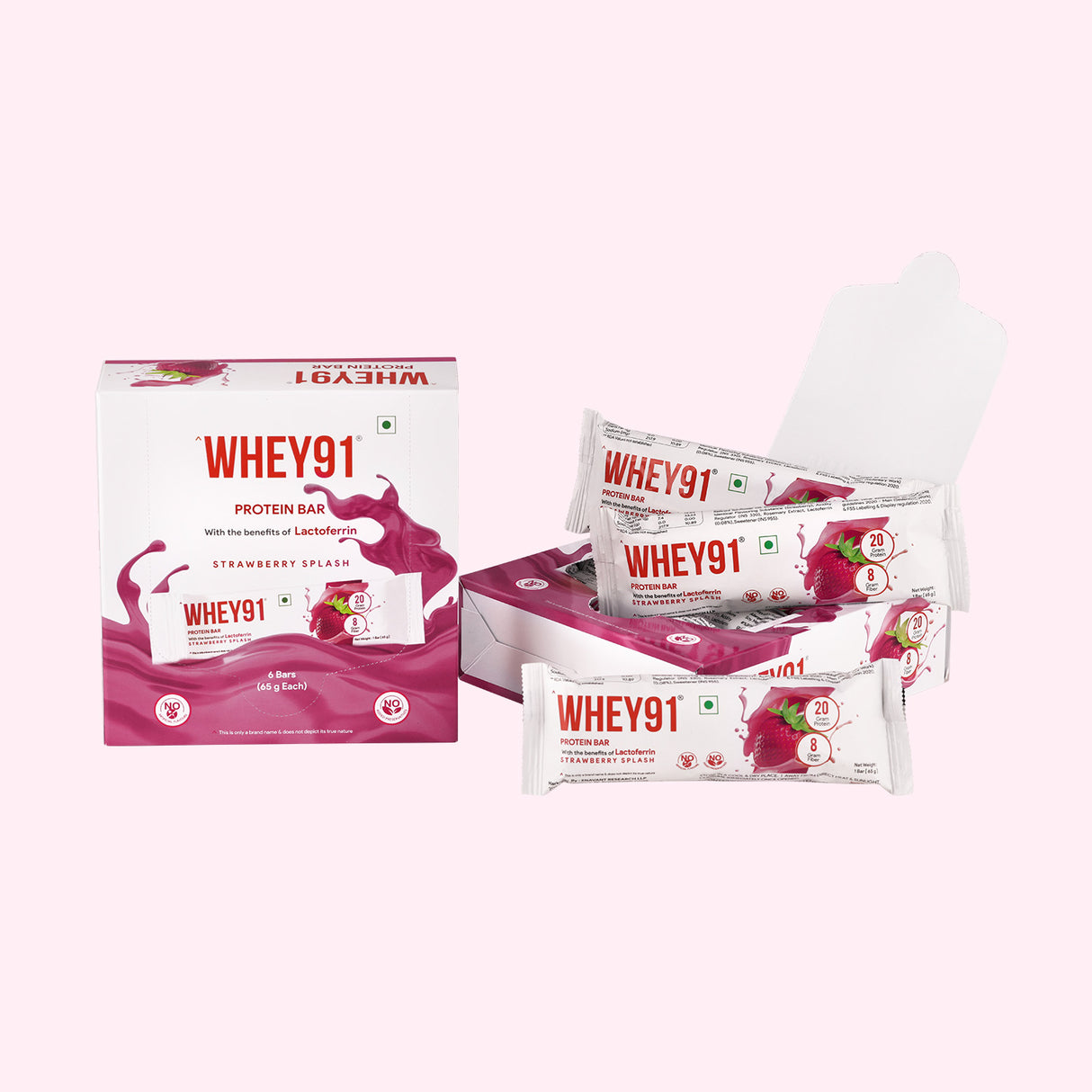 Whey91 Strawberry Splash Protein Bars - 20g Protein 8g Fibre (Pack of 6 bars)