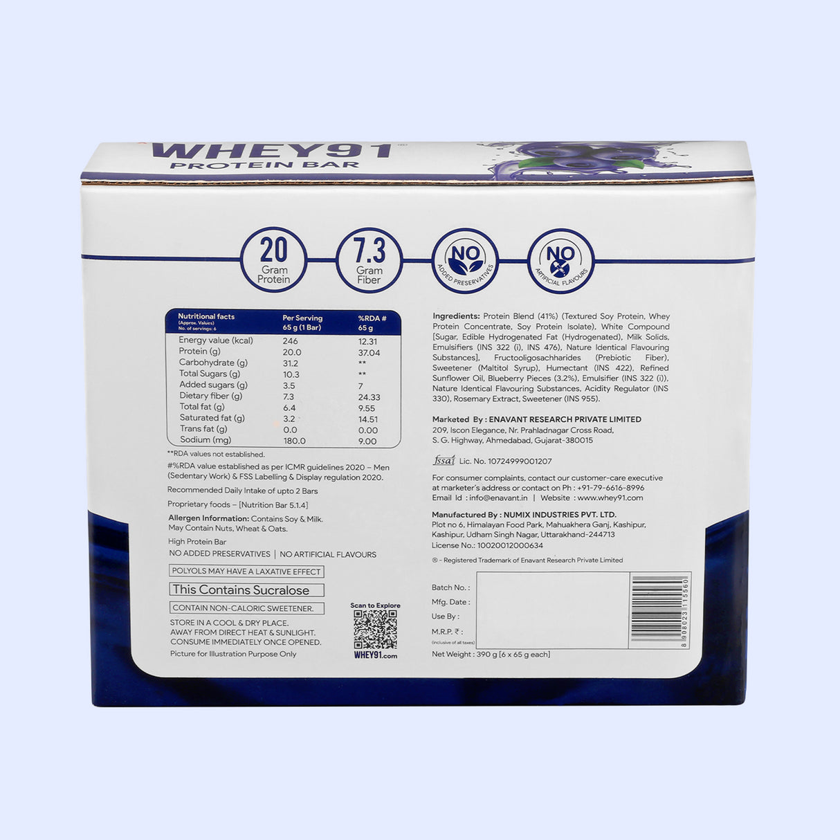 Whey91 Blueberry Blast Protein Bars - 20g protein, 7.3g fibre (Pack of 6 bars)