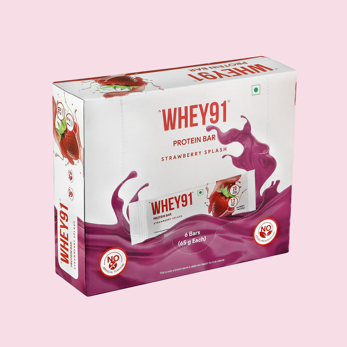 Whey91 Strawberry Splash Protein Bars - 20g Protein 7.2g Fibre (Pack of 6 bars)