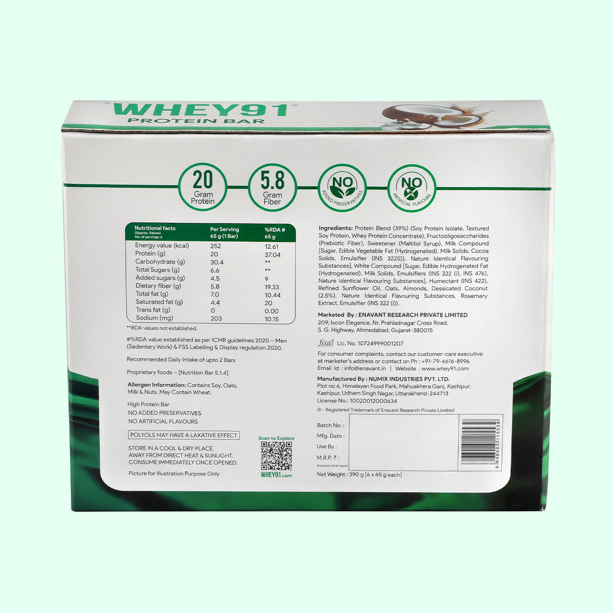 Whey91 Coconut Delight Protein Bars - 20g protein, 5.8g fibre (Pack of 6 bars)