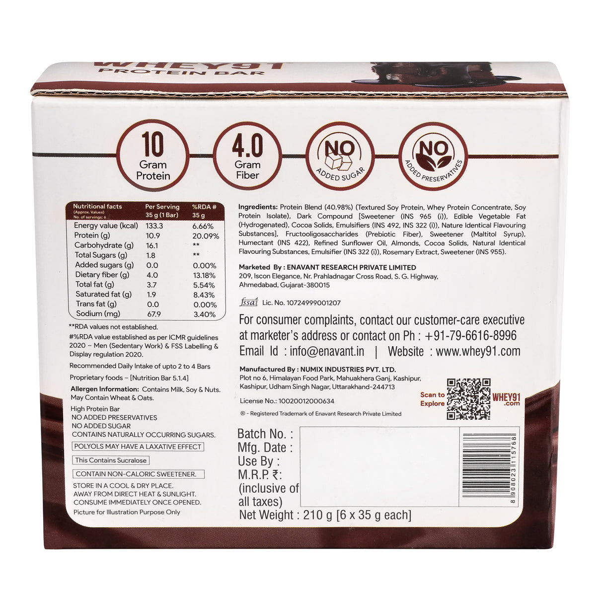 Whey91 Choco Fudge Protein Bars - 10g protein 4g fiber (Pack of 6 bars)