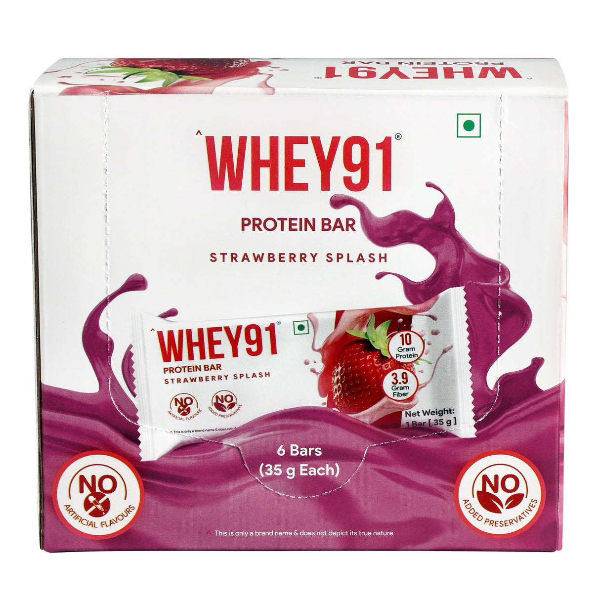 Whey91 Strawberry Splash Protein Bars - 10g Protein 3.9g Fiber (Pack of 6 bars)
