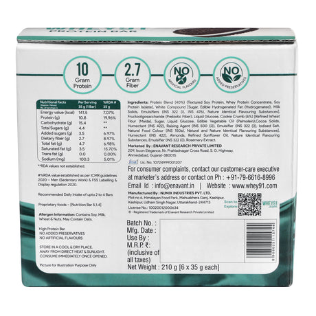 Whey91 Cookies & Cream Protein Bar, 10g Protein & 2.7g Fiber  (Pack of 6 bars)