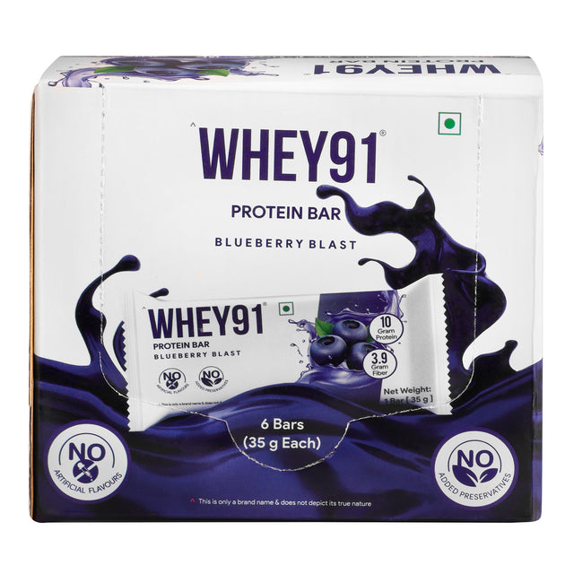 Whey91 Blueberry Blast Protein Bars - 10g protein, 3.9g fiber (Pack of 6 bars)