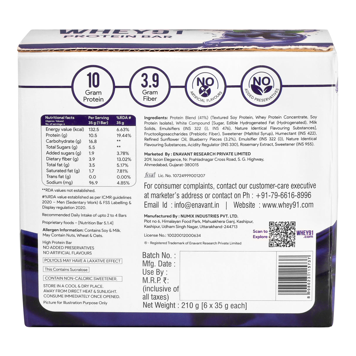 Whey91 Blueberry Blast Protein Bars - 10g protein, 3.9g fiber (Pack of 6 bars)