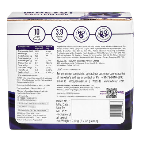 Whey91 Blueberry Blast Protein Bars - 10g protein, 3.9g fiber (Pack of 6 bars)