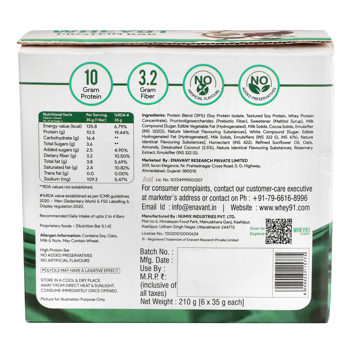 Whey91 Coconut Delight Protein Bars - 10g Protein, 3.2g Fiber (Pack of 6 bars)