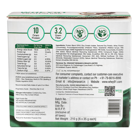 Whey91 Coconut Delight Protein Bars - 10g Protein, 3.2g Fiber (Pack of 6 bars)