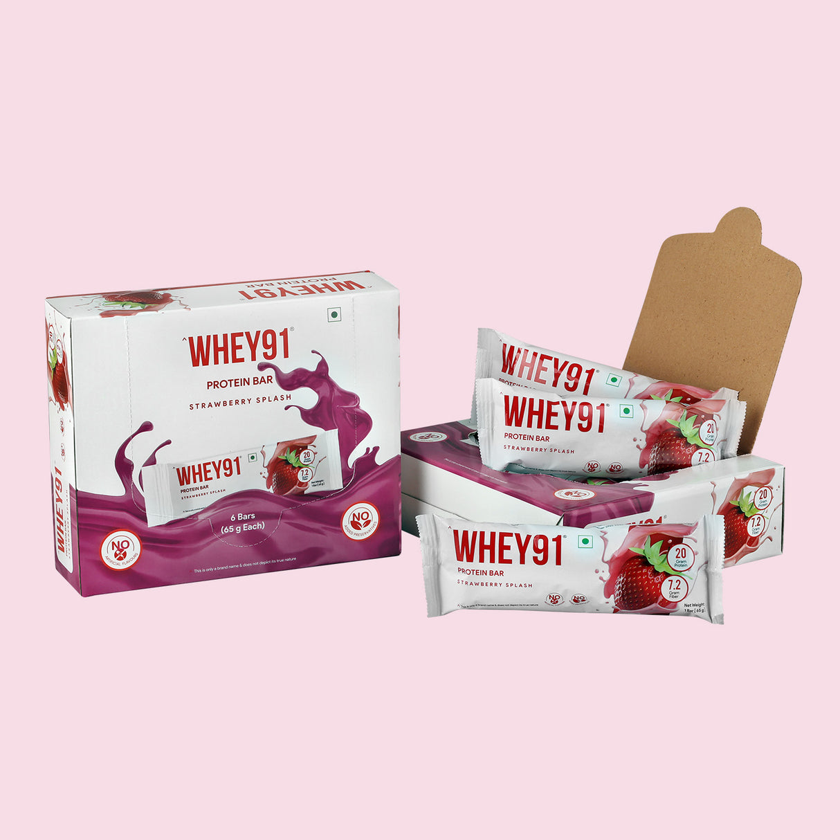 Whey91 Strawberry Splash Protein Bars - 20g Protein 7.2g Fibre (Pack of 6 bars)