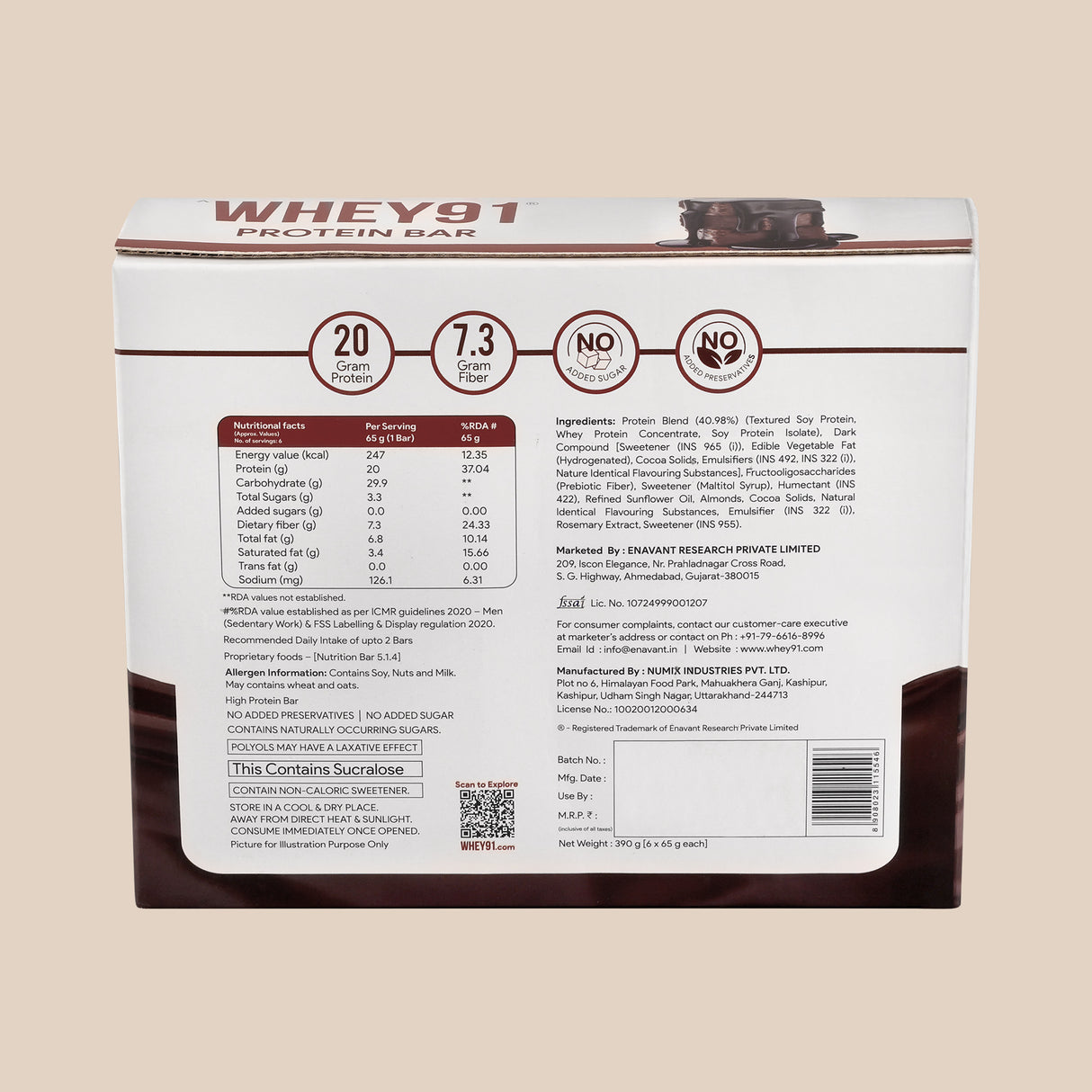 Whey91 Choco Fudge Protein Bars - 20g Protein 7.3 g Fibre (Pack of 6 bars)