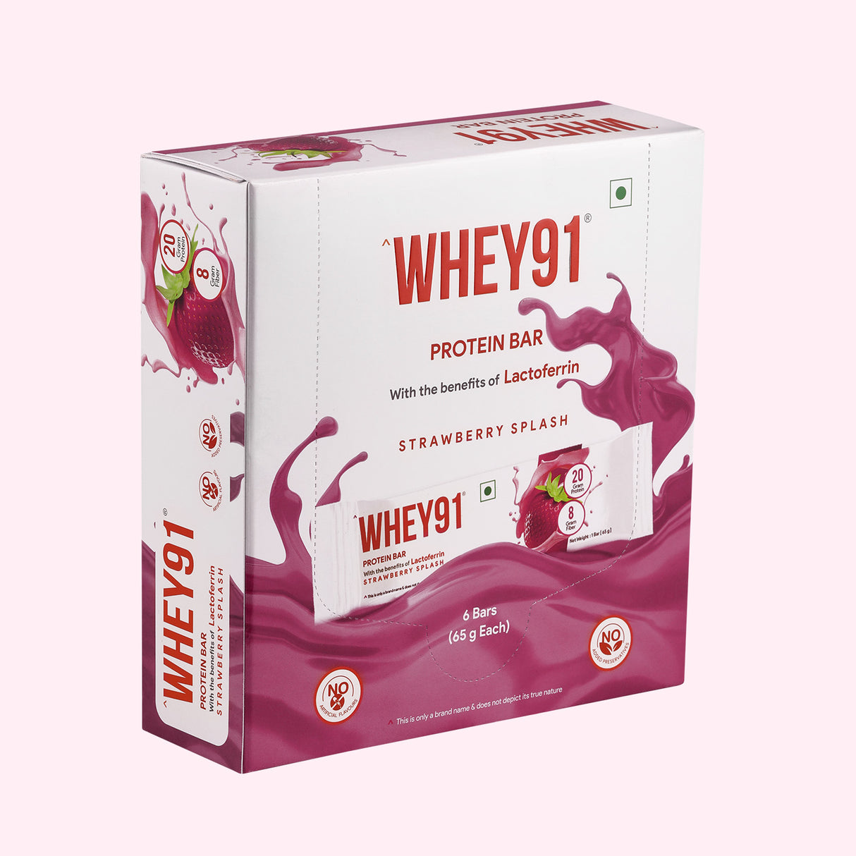 Whey91 Strawberry Splash Protein Bars - 20g Protein 8g Fibre (Pack of 6 bars)