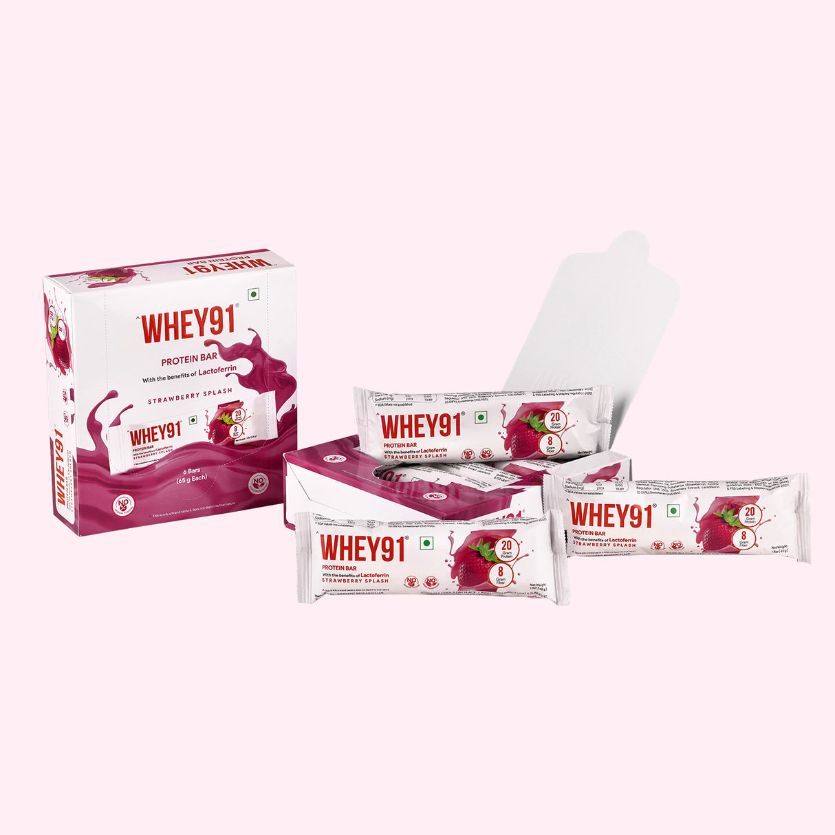 Whey91 Strawberry Splash Protein Bars - 20g Protein 8g Fibre (Pack of 6 bars)