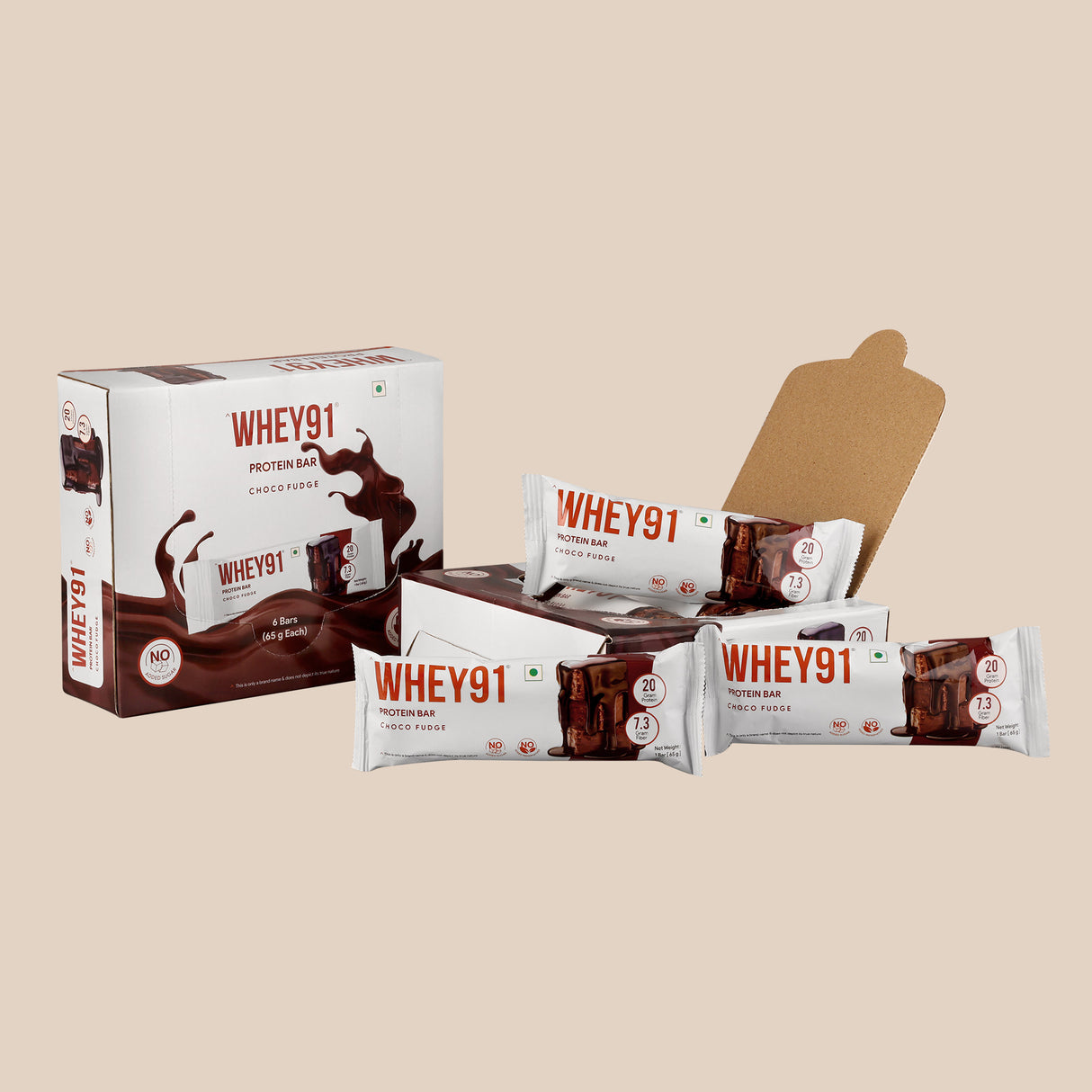 Whey91 Choco Fudge Protein Bars - 20g Protein 7.3 g Fibre (Pack of 6 bars)