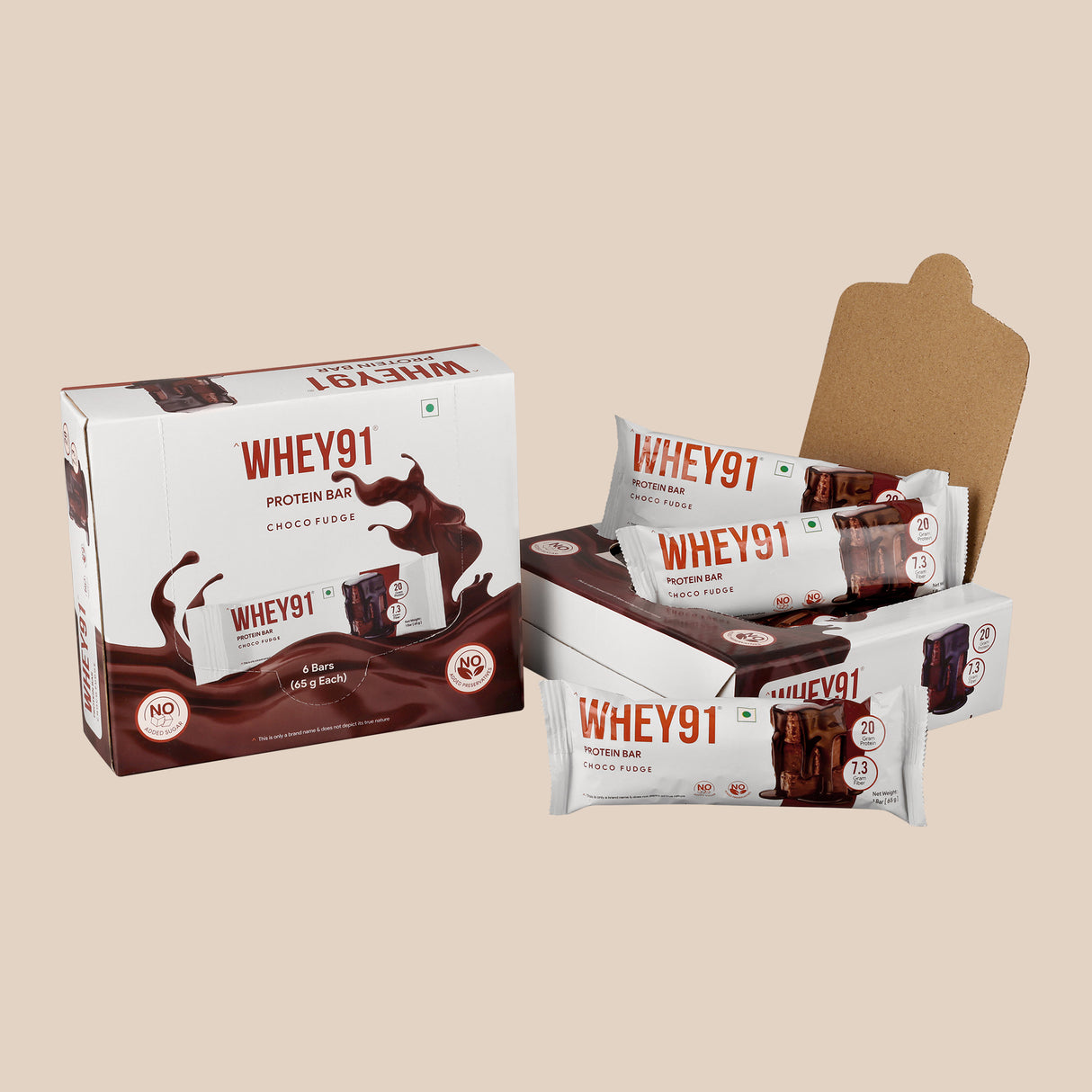 Whey91 Choco Fudge Protein Bars - 20g Protein 7.3 g Fibre (Pack of 6 bars)