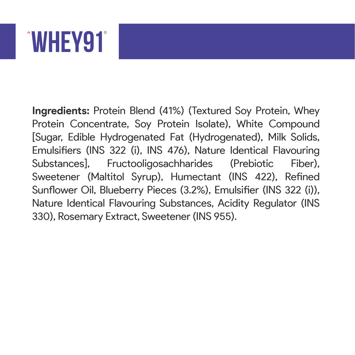 Whey91 Blueberry Blast Protein Bars - 20g protein, 7.3g fibre (Pack of 6 bars)