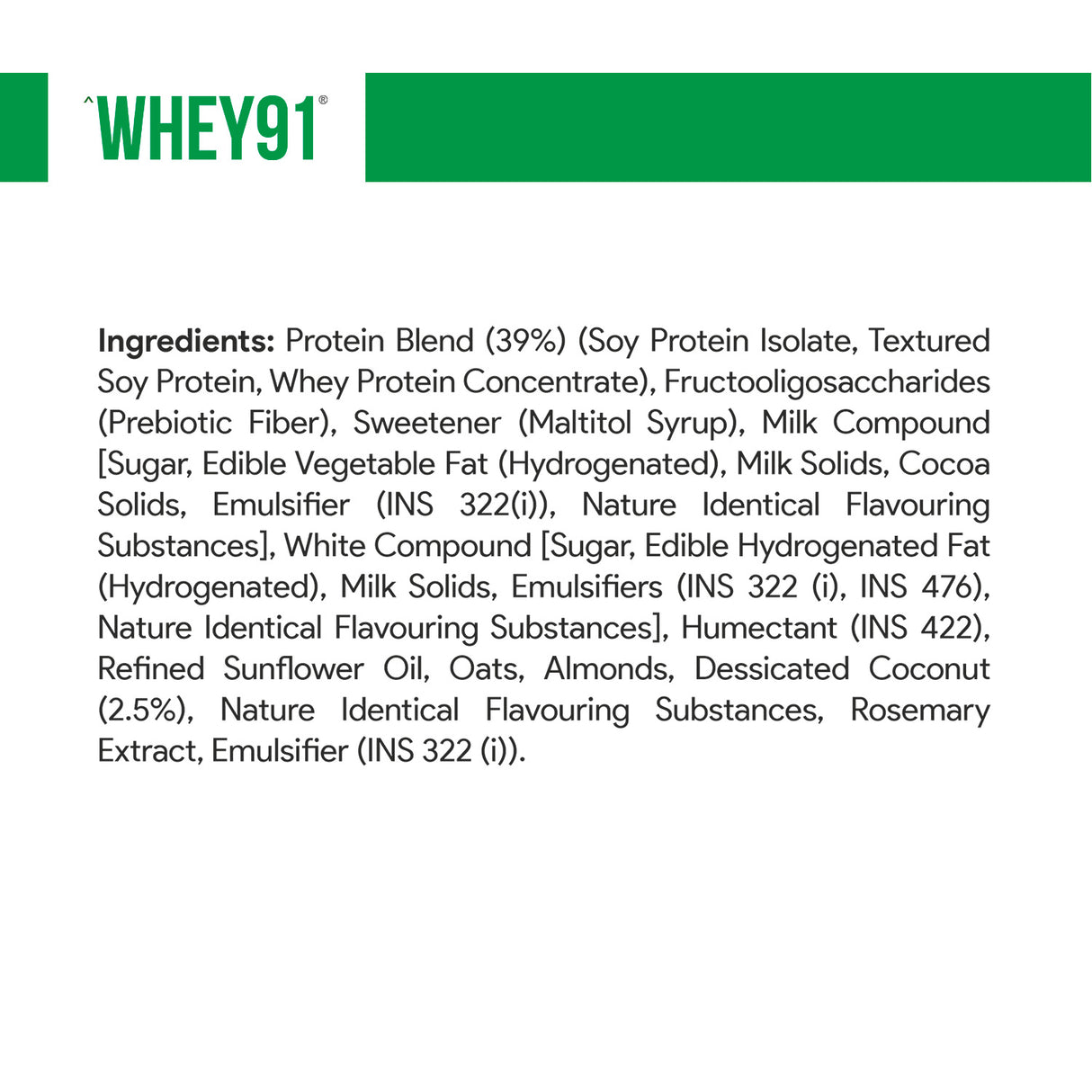 Whey91 Coconut Delight Protein Bars - 20g protein, 5.8g fibre (Pack of 6 bars)