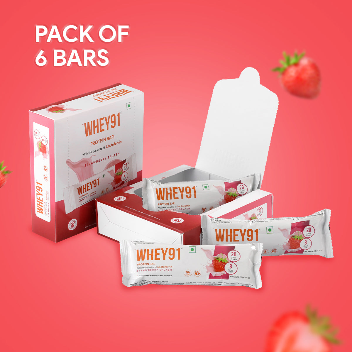 Whey91 Strawberry Splash Protein Bars - 20g Protein 8g Fibre (Pack of 6 bars)