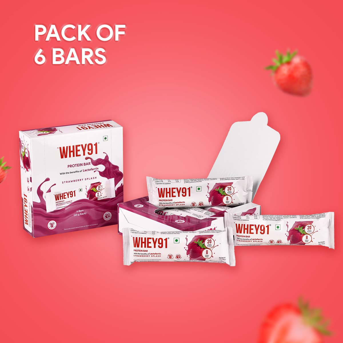 Whey91 Strawberry Splash Protein Bars - 20g Protein 8g Fibre (Pack of 6 bars)