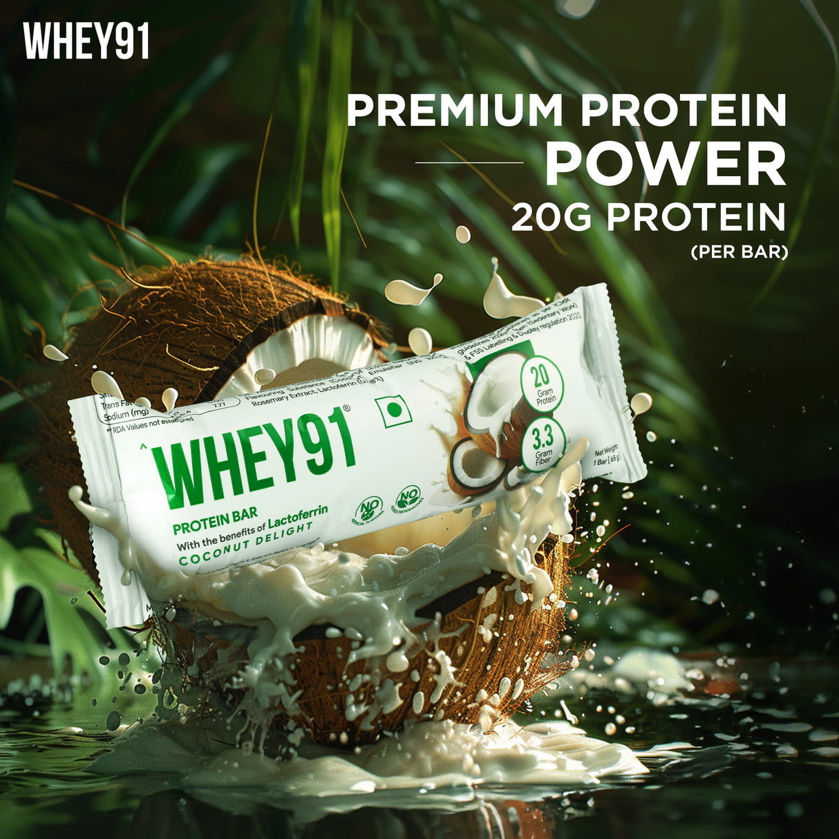 Whey91 Coconut Delight Protein Bars - 20g protein, 3.3g fibre (Pack of 6 bars)