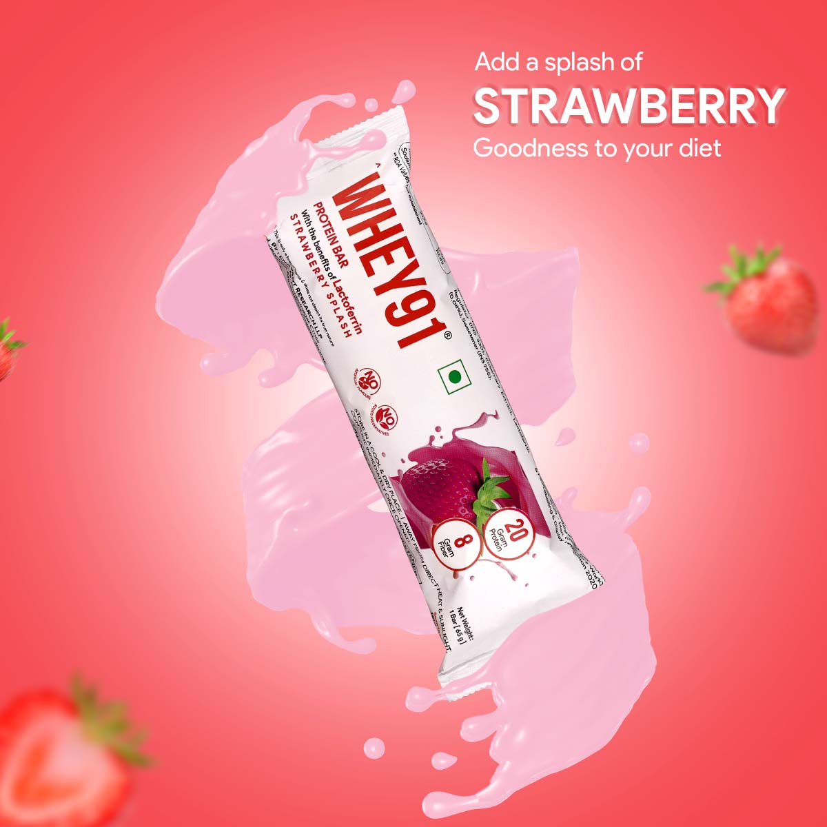 Whey91 Strawberry Splash Protein Bars - 20g Protein 8g Fibre (Pack of 6 bars)