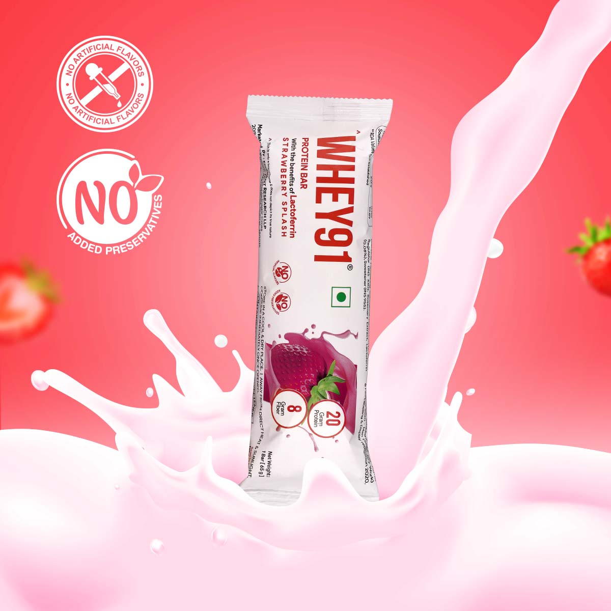 Whey91 Strawberry Splash Protein Bars - 20g Protein 8g Fibre (Pack of 6 bars)