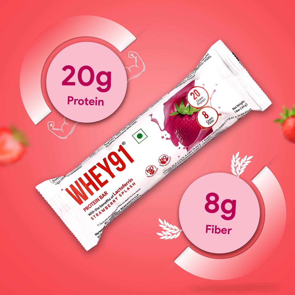 Whey91 Strawberry Splash Protein Bars - 20g Protein 8g Fibre (Pack of 6 bars)