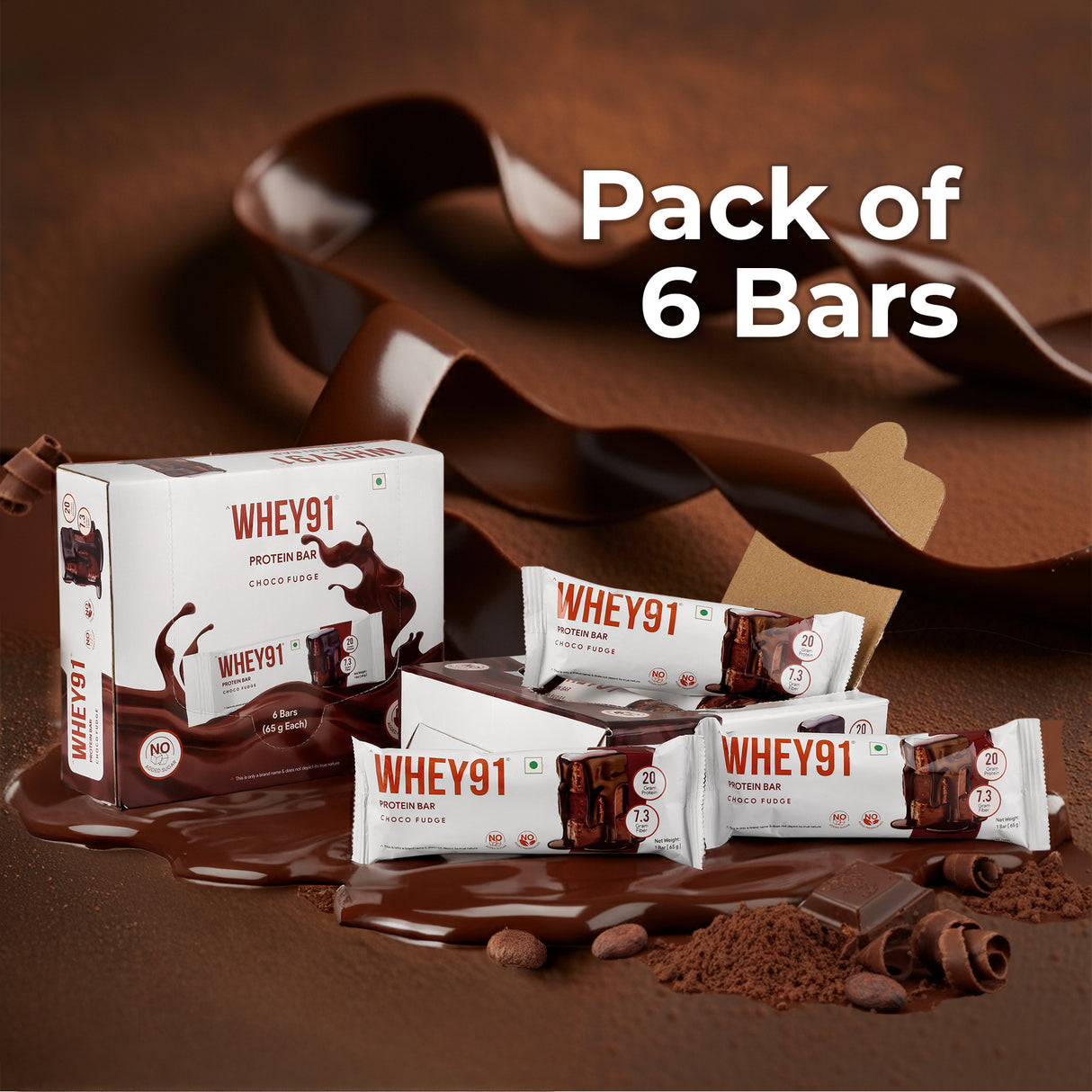 Whey91 Choco Fudge Protein Bars - 20g Protein 7.3 g Fibre (Pack of 6 bars)