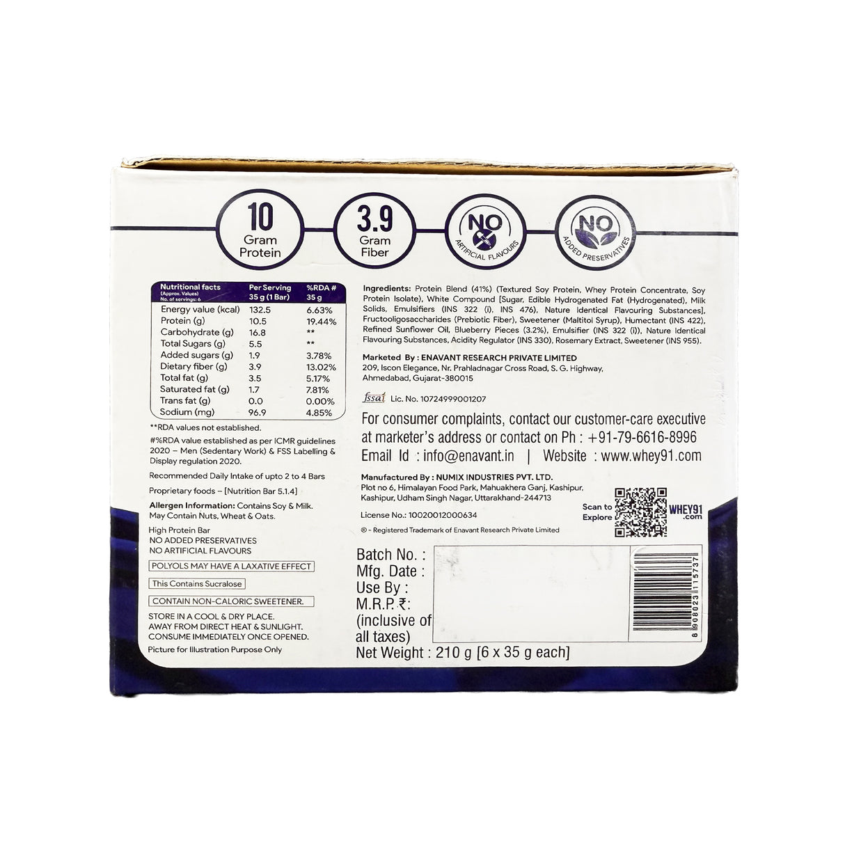 Whey91 Blueberry Blast Protein Bars - 10g protein, 3.9g fiber (Pack of 6 bars)