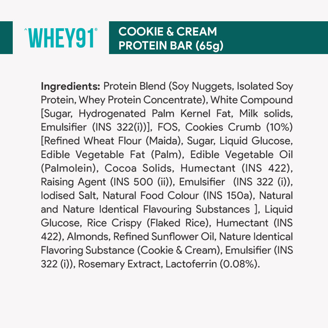 Whey91 Cookies & Cream Protein Bar, 20g Protein & 3.6g Fibre  (Pack of 6 bars)