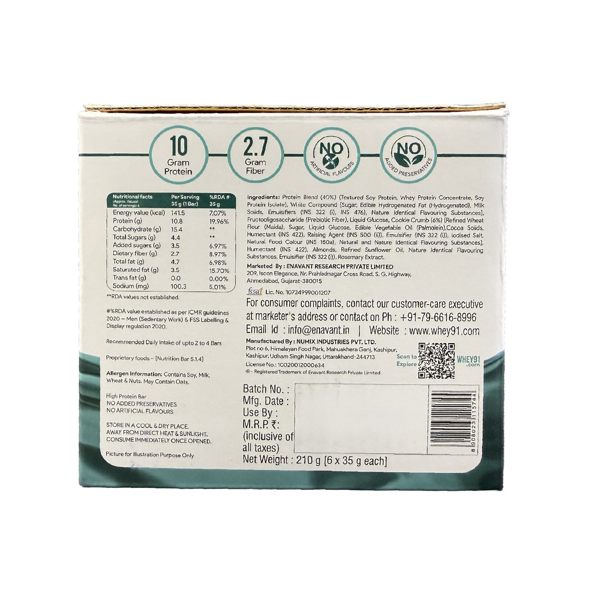 Whey91 Cookies & Cream Protein Bar, 10g Protein & 2.7g Fiber (Pack of 6 bars)