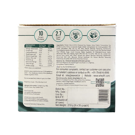 Whey91 Cookies & Cream Protein Bar, 10g Protein & 2.7g Fiber  (Pack of 6 bars)