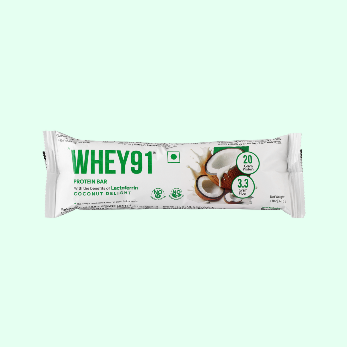 Whey91 Coconut Delight Protein Bars - 20g protein, 3.3g fibre (Pack of 6 bars)