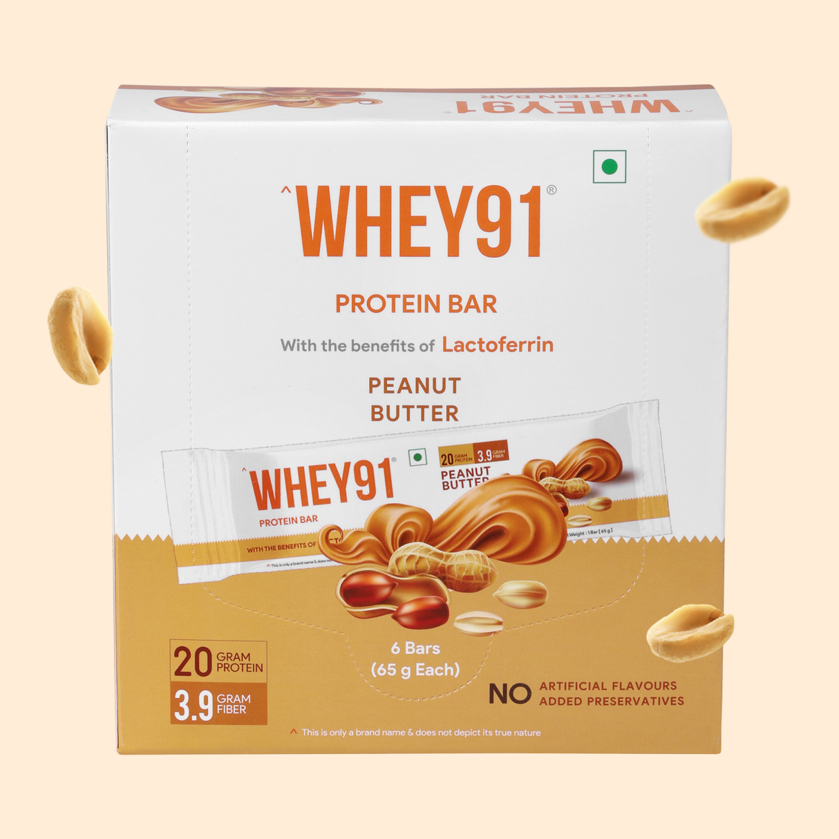 Whey91 Peanut Butter Protein Bars - 20g protein 3.9g Fibre  (Pack of 6 bars)