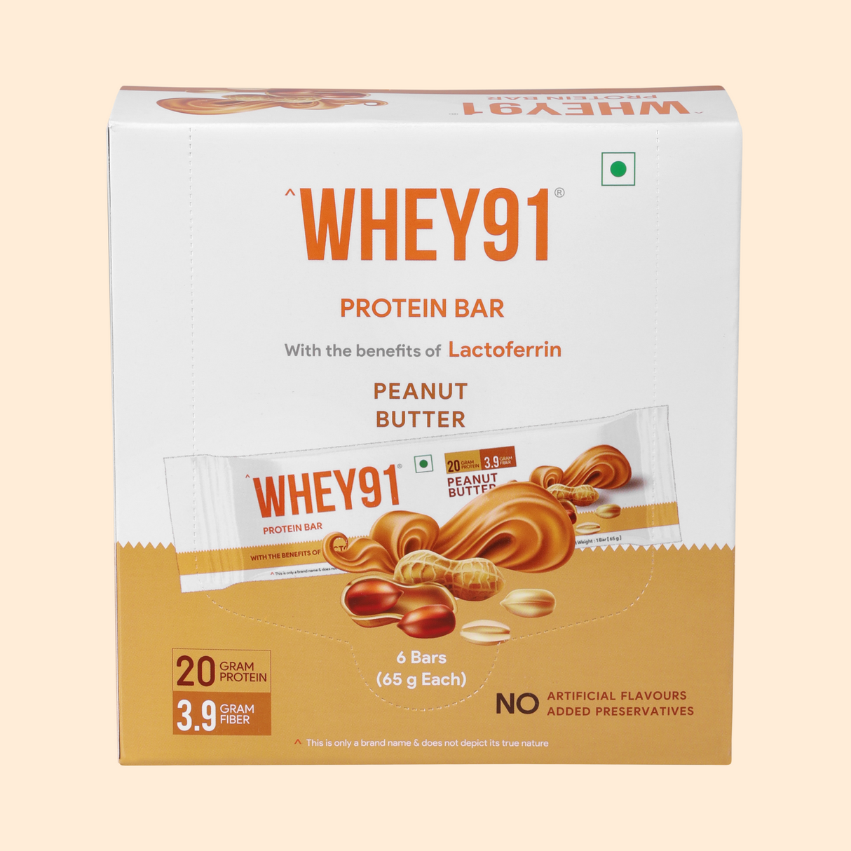 Whey91 Peanut Butter Protein Bars - 20g protein 3.9g Fibre  (Pack of 6 bars)