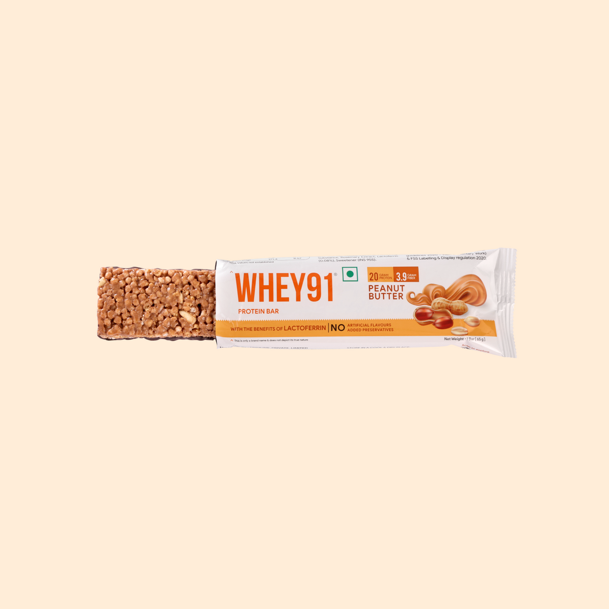 Whey91 Peanut Butter Protein Bars - 20g protein 3.9g Fibre  (Pack of 6 bars)