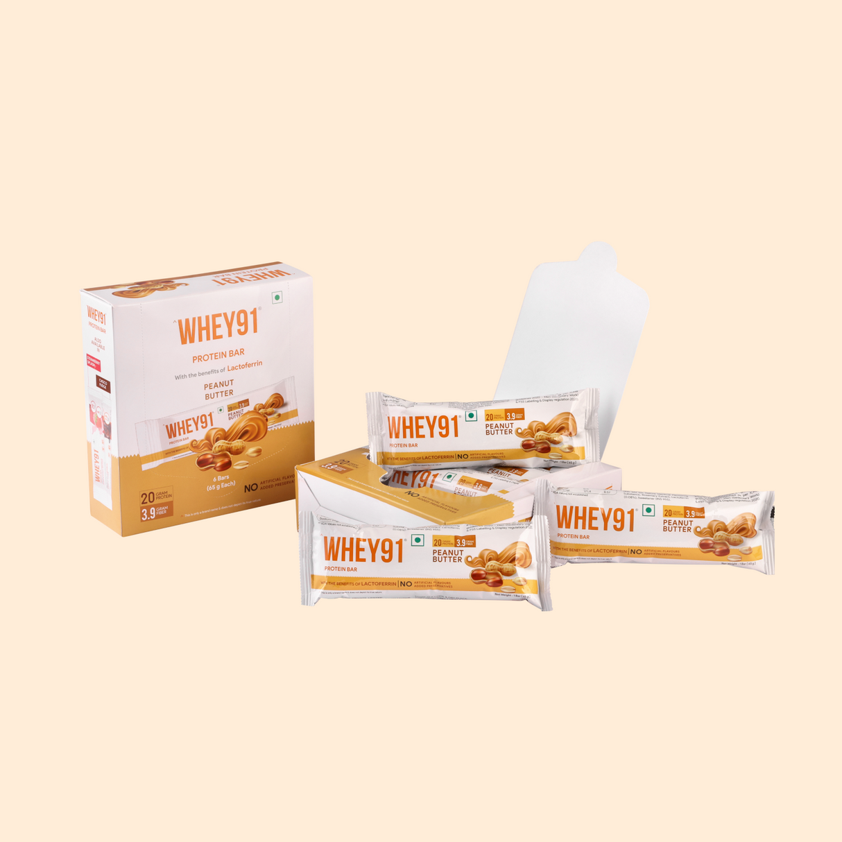 Whey91 Peanut Butter Protein Bars - 20g protein 3.9g Fibre  (Pack of 6 bars)