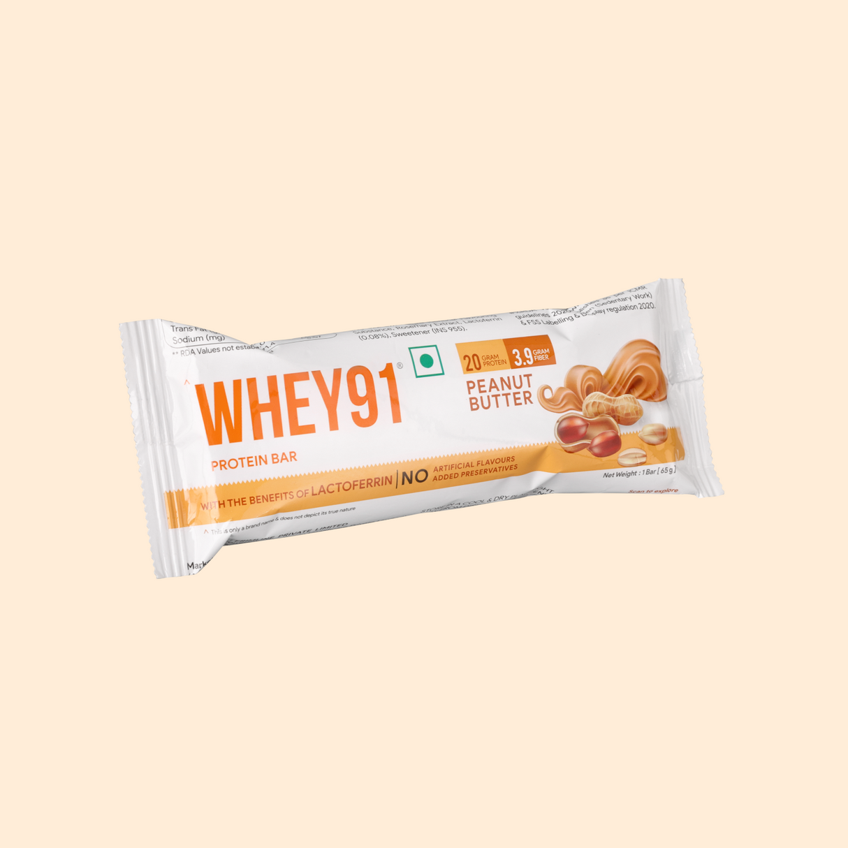 Whey91 Peanut Butter Protein Bars - 20g protein 3.9g Fibre  (Pack of 6 bars)