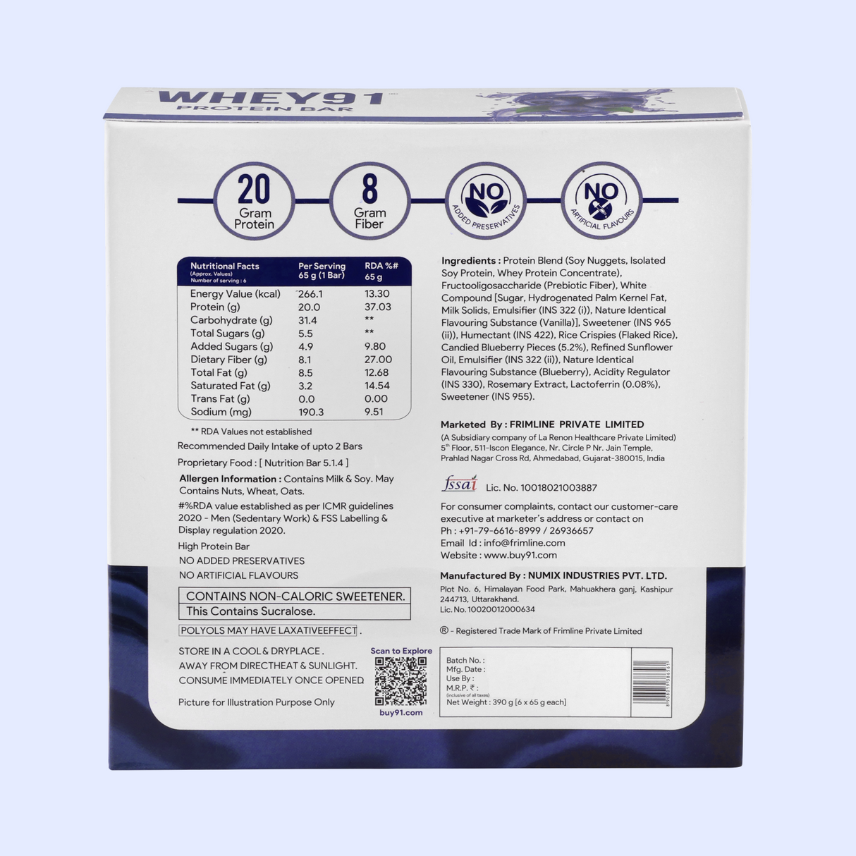 Whey91 Blueberry Blast Protein Bars - 20g protein, 8g fibre (Pack of 6 bars)