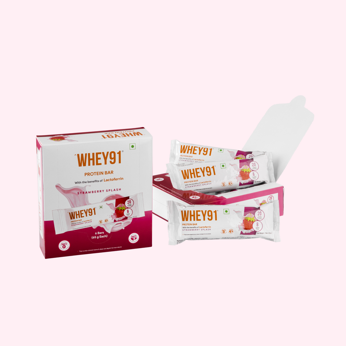 Whey91 Strawberry Splash Protein Bars - 20g Protein 8g Fibre (Pack of 6 bars)