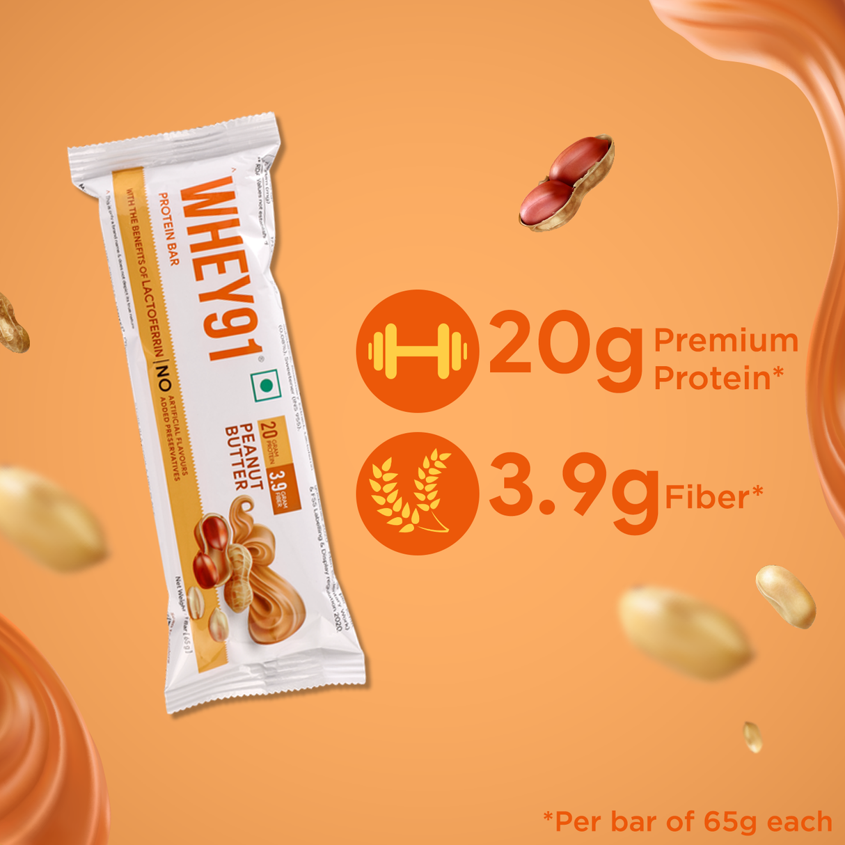 Whey91 Peanut Butter Protein Bars - 20g protein 3.9g Fibre  (Pack of 6 bars)