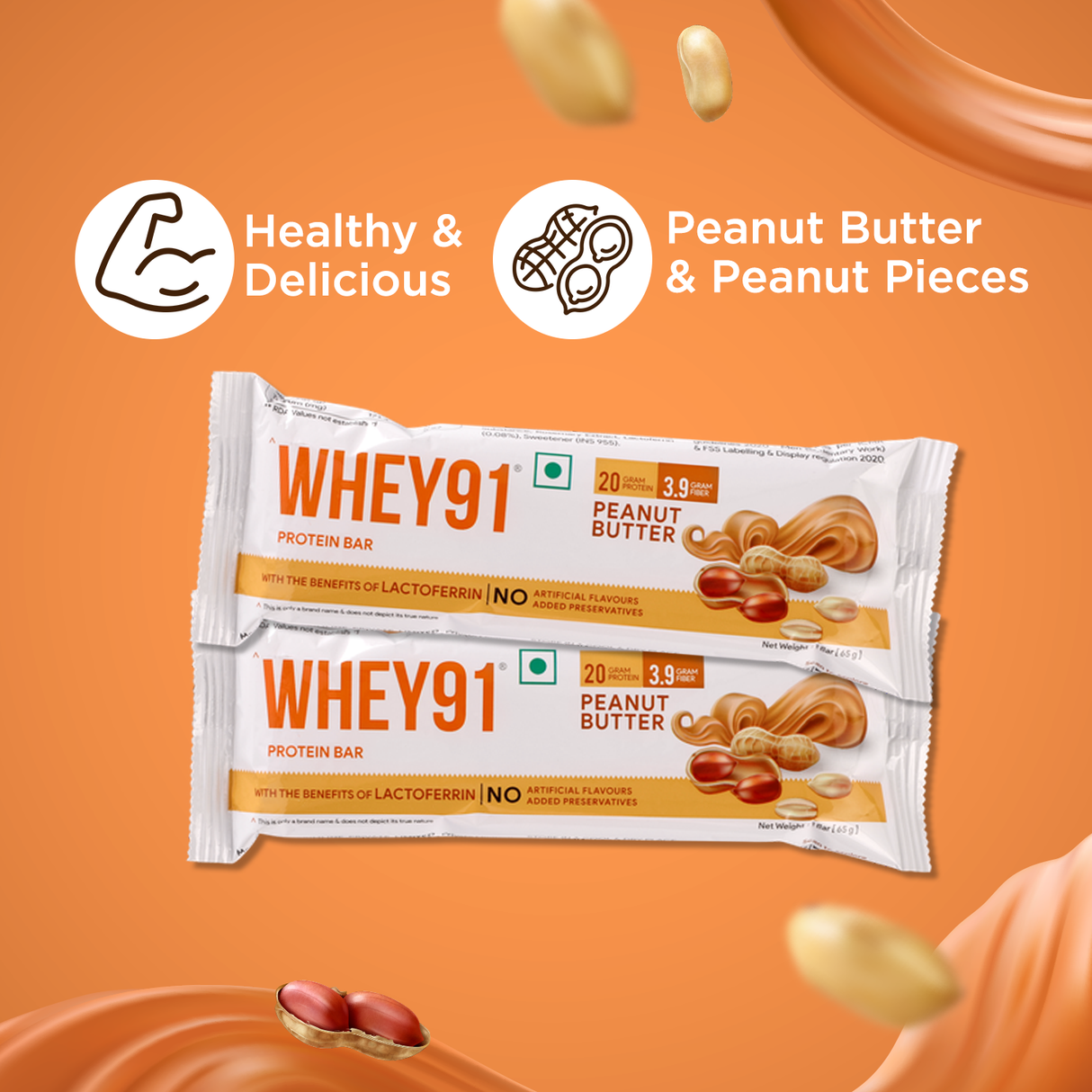 Whey91 Peanut Butter Protein Bars - 20g protein 3.9g Fibre  (Pack of 6 bars)