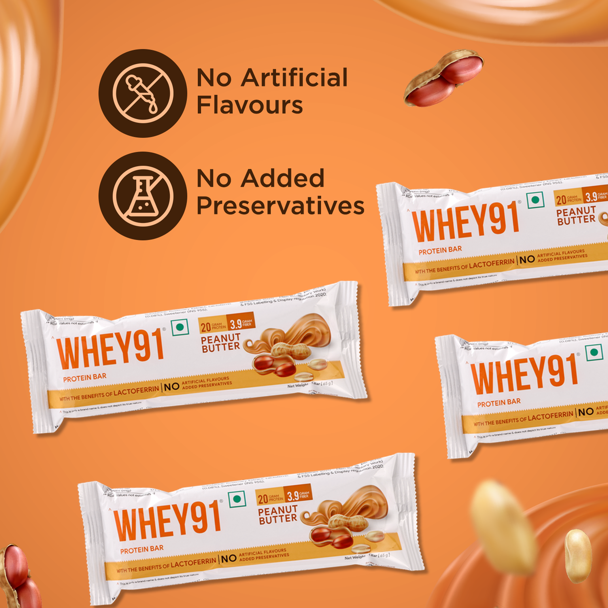 Whey91 Peanut Butter Protein Bars - 20g protein 3.9g Fibre  (Pack of 6 bars)