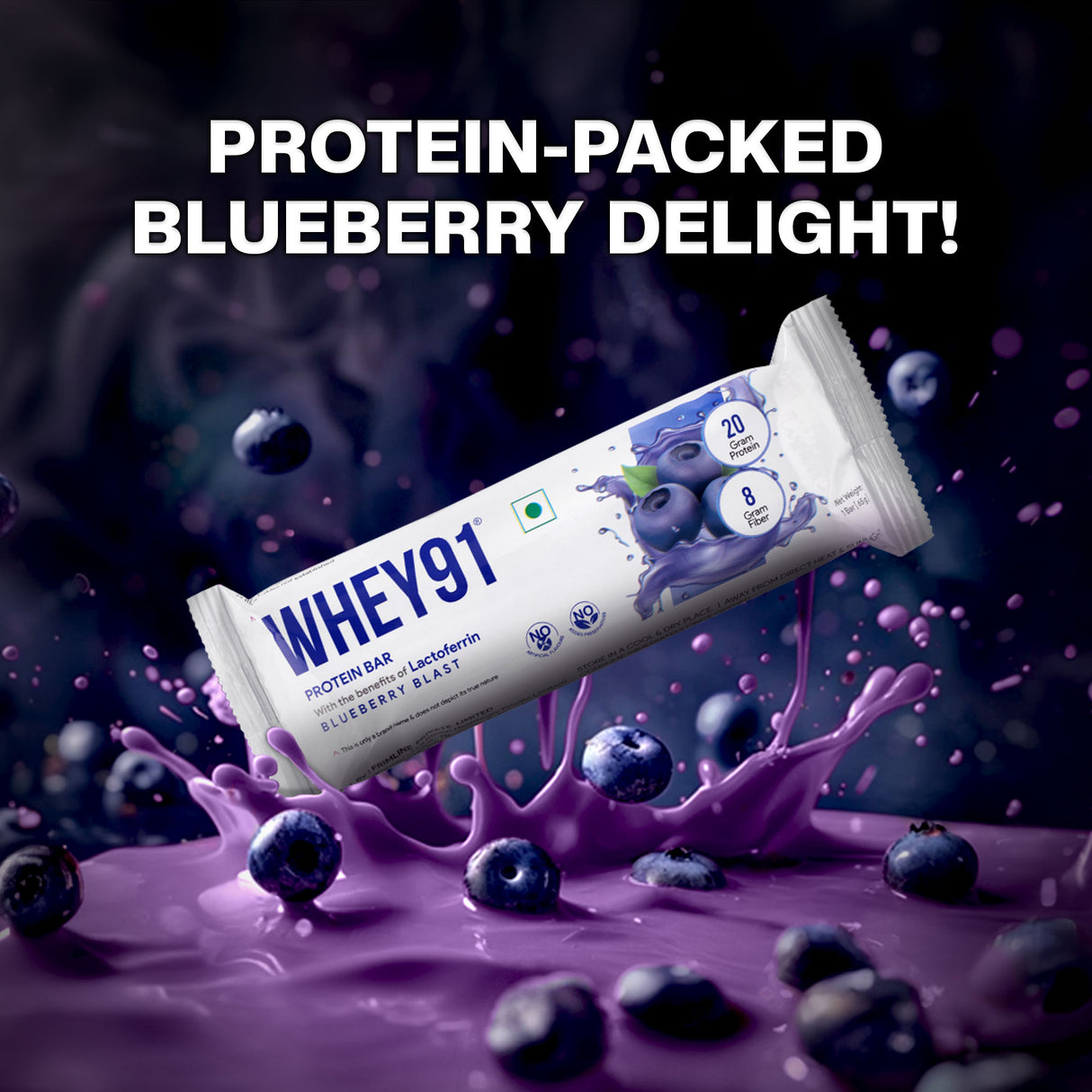 Whey91 Blueberry Blast Protein Bars - 20g protein, 8g fibre (Pack of 6 bars)